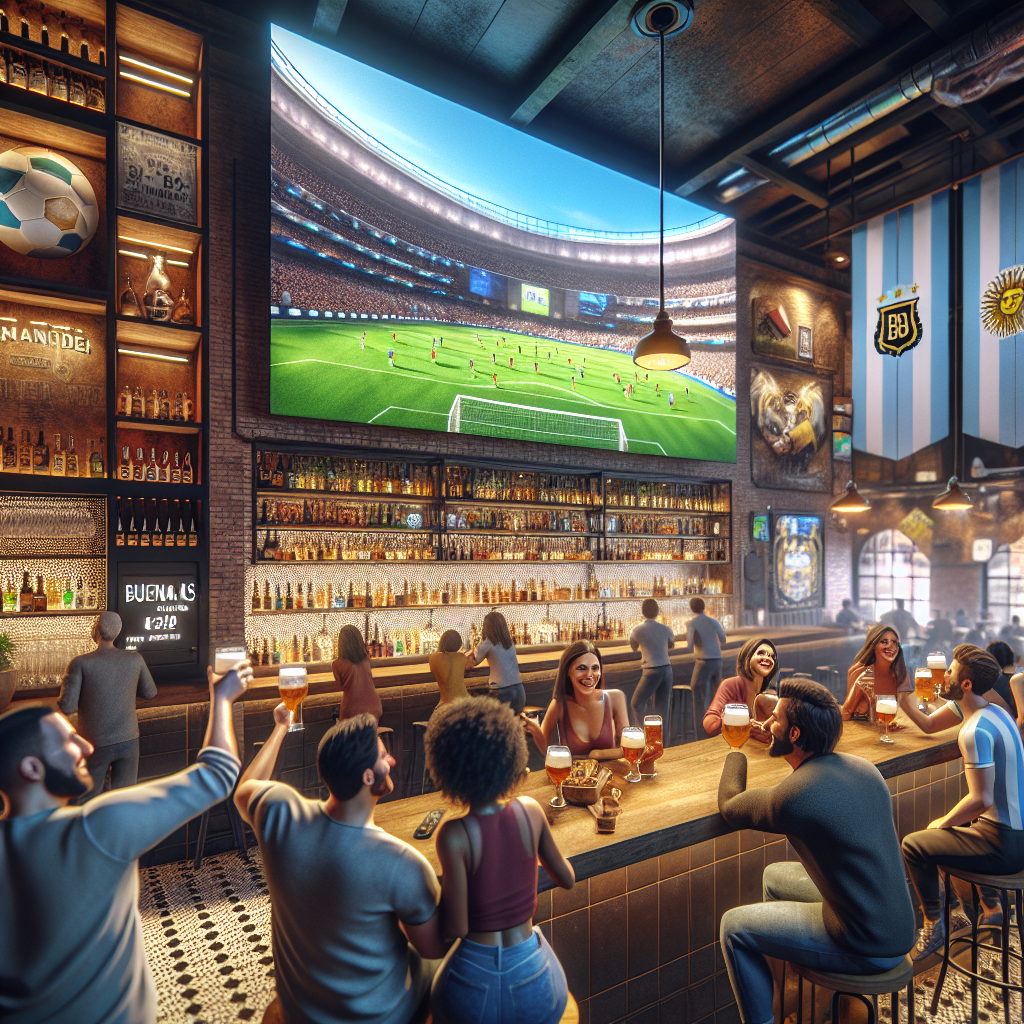 Interior vibrante de BetWarrior Sport Bar en Argentina con ambiente deportivo y gente disfrutando.